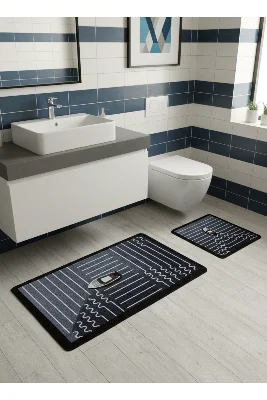 Tekne Desen Çizgi Desenli 2 li Deri Taban Banyo Paspas (70x110 - 70x50)