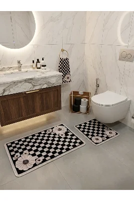 Damalı Çiçek Desenli Lateks Taban 2'li Banyo Paspası (60x100-60x50)