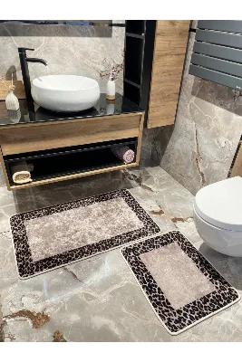 2 'li Leopar Desen Banyo Paspası - Kahverengi Ebat (60X100 - 60X50)
