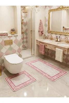 2'li Fiyonklu Bordürlü Lateks Taban Banyo Paspası (60x100-60x50)