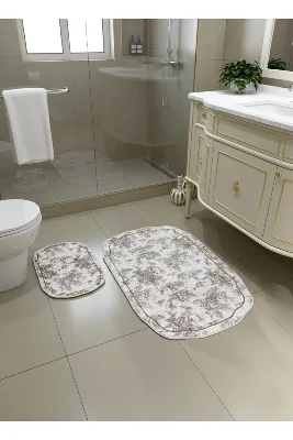 Toile de Jouy Temalı Tekli Lateks Taban Banyo Paspası (80X120)