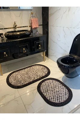 Minares Model Dama Desen 2'li Lateks Taban Banyo Paspas Takımı (60X100 - 60X50) Siyah-kahverengi