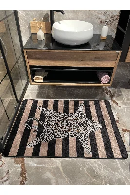Leopar Desen Çizgili Tekli Banyo Paspası - Bej-kahverengi Ebat (80x120)