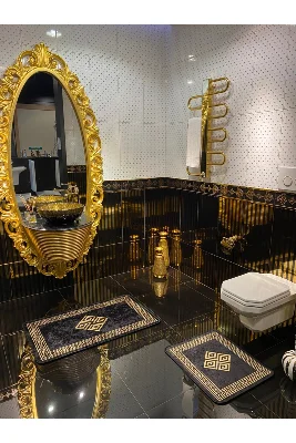 Losarina 2'li Lateks Kaymaz Taban Su Geçirmez Banyo Paspas Takımı (60X100 - 60X50) Siyah/altın