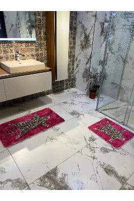 2'li Leopar Desen 60x100 - 60x50 Banyo Paspası - Fuşya