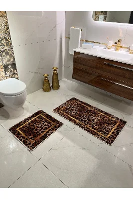 Leopar Desenli 2'li Kaymaz Taban Banyo Paspas Takımı (60x100 - 60x50)