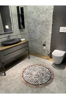 Robert Dama Desen Saçaksız Yuvarlak Banyo Paspası - Kahverengi Ebat 100x100