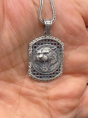 Kükreyen Leopar Kolye Ucu, 925 Ayar Gümüş Erkek Kolyesi, Jaguar Başlı Takı, Oksitlenmiş Kaplama, Büyük Kedi Muska, 6 Zincir Uzunluğu
