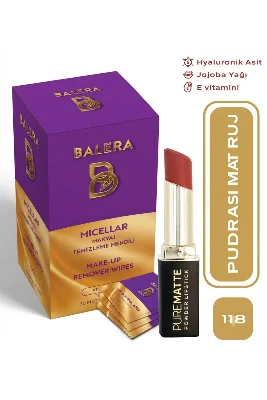 Pure Matte Powder Lipstick No: 118 - Nemlendirici Pudramsı Mat Ruj Makyaj Temizleme Mendili Hediyeli