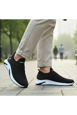 Siyah Ve Siyah Beyaz Taban Bağcıksız Comfort Ortopedik Hafif Koşu Ve Yürüyüş Erkek Spor Ayakkabı