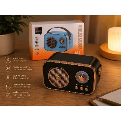 M4 Retro Bluetooth Hoparlör Siyah Gold (Radyo Tasarımlı)
