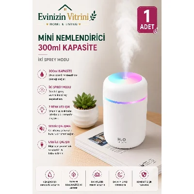 USB Mini LED Hava Nemlendirici – 300 ml Ultrasonik Sessiz Buhar & Otomatik Kapanma | Ev, Ofis, Araç