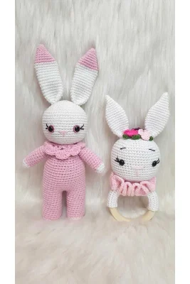 Amigurumi Organik Örgü Oyuncak Çıngırak Ve Tavşan Set