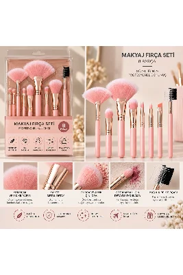 8 Parça Profesyonel Makyaj Fırça Seti PEMBE – Yelpaze, Pudra, Allık, Far, Kaş ve Kirpik Fırçaları Pe