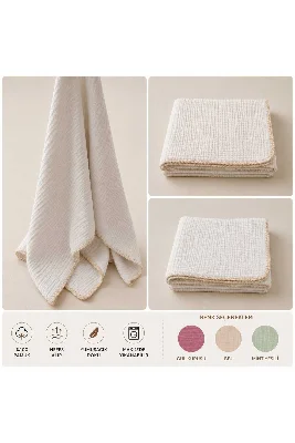 %100 Pamuk 4 Kat Müslin Bebek Örtüsü 90x100 cm Battaniye Puset Örtüsü Kundak Bej