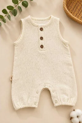 Bebek Tulumu 0-3 Ay –%100 Pamuk Müslin Unisex Nefes Alan Yumuşak Yazlık Tulum – Krem
