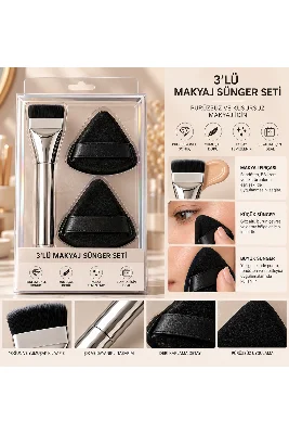 Makyaj Sünger ve Fondöten Fırça Seti 2 Deri Kaplamalı Üçgen Sünger + 1 Makyaj Fırçası Siyah