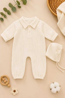 Bebek Tulumu ve Şapka Seti – Unisex Yenidoğan Takımı hastane çıkışı – Krem 0-3 Ay %100 Pamuk Müslin