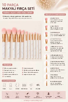Profesyonel 10 Parça Seramik Saplı Makyaj Fırça Seti - Mermer Desenli Rose Gold Makyaj Fırçaları