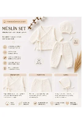 Organik Müslin Yenidoğan 3'lü Hastane Çıkışı Seti – Ekru | Kimono Üst, Pantolon ve Şapka | %100 Pamuk Bebek Seti