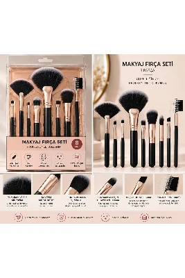 8’li Profesyonel Makyaj Fırça Seti –ROSE GOLD Yelpaze, Pudra, Allık, Far, Kapatıcı, Kaş ve Kirpik Fırçası Siyah