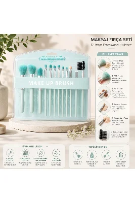 12 Parça Profesyonel Makyaj Fırça Seti – Pudra, Allık, Far, Kaş ve Göz Makyajı Fırçaları Mint Yeşili
