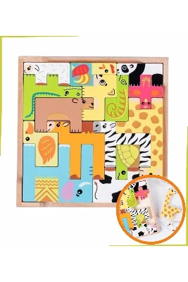 Renkli 15 Hayvanlı Geometrik Ahşap Puzzle