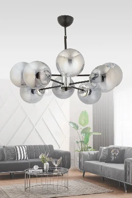 MADRİD 8'Lİ FÜME GLOB CAMLI MODERN SARKIT AVİZE OTURMA ODASI SALON ANTRE