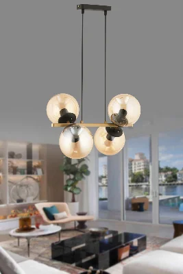 CROSS 4'LÜ ESKİTME - SİYAH BAL RENGİ GLOB CAMLI MODERN SARKIT AVİZE OTURMA ODASI SALON