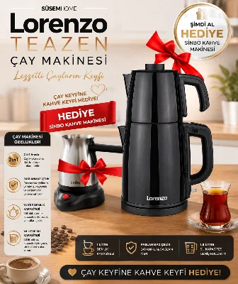 Lorenzo Teazen Çay Makinesi Siyah 1.8 Litre Su Isıtıcı 1 Litre Demlik Kapasiteli