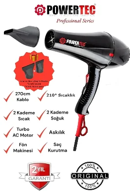 Powertec TR-901 2500 W AC Motor Profesyonel Sıcak ve Soğuk Saç Kurutma ve Fön Makinesi