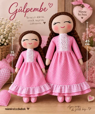 GÜLPEMBE MÜMİNE BEZ BEBEK KÜÇÜK BOY (35cm)