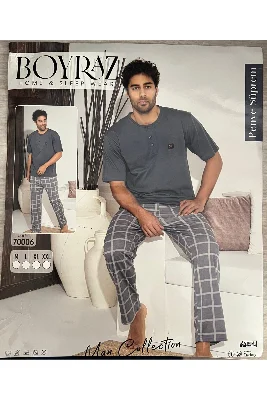 BOYRAZ KISA KOLLU - ALT UZUN ERKEK PİJAMA TAKIMI PENYE SÜPREM KUMAŞ GRİ