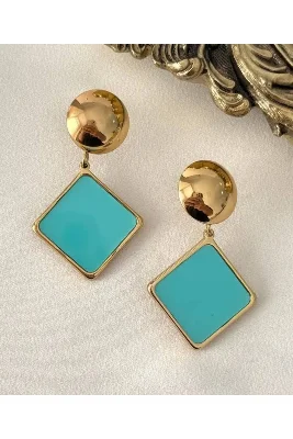 Kadın Gold Renk Geometrik Kare Sallantılı Küpe Renkli Taşlı- ŞIK ZARİF MODERN TASARIM KÜPE 316L ÇELİK ANTİALERJİK