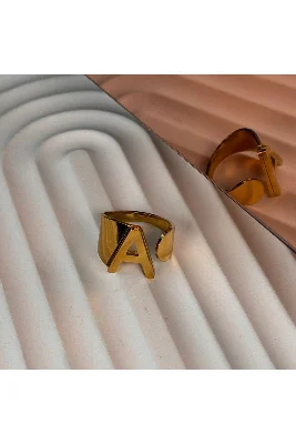 HARFLİ AYARLANABİLİR GOLD RENK ÇELİK YÜZÜK A HARFİ