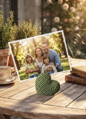 Örgü Kalp Fotoğraf ve Not Tutucu – Dekoratif Masaüstü Stand