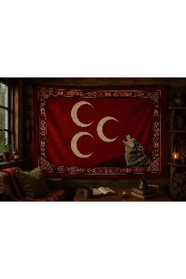 Üç Hilal Bozkurt Desenli Dekoratif Duvar Örtüsü – Türk Motifli Dokuma Görünümlü