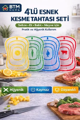 4’lü Esnek Kesme Tahtası Seti Katlanabilir Doğrama Tahtası Sebze Et Balık Meyve Kesim Matı Büyük Boy