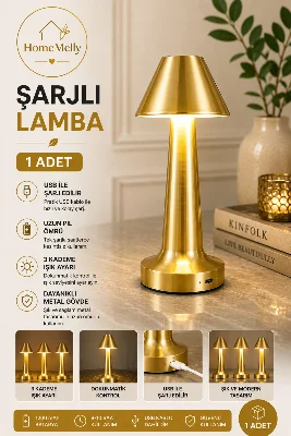 Şarjlı 3 Işık Renkli Akıllı Masa Lambası – Dokunmatik Kontrol, Gold Gövde, Kablosuz Kullanım