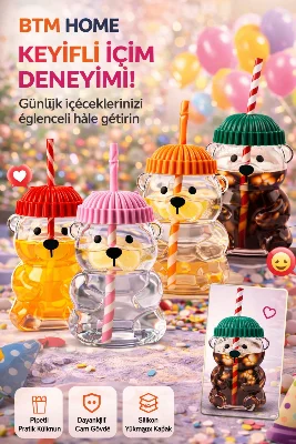 Ayıcık Cam Bardak Pipetli Kapaklı Bear Glass Soğuk İçecek Bardağı 550 ml Sevimli Tasarım