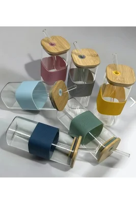 Silikonlu Ve Pipetli Bamboo Kapaklı Cam Borosilikat Bardak 400ml