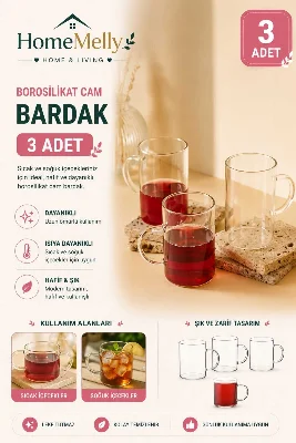 3 Adet Borosilikat Isıya Dayanıklı Kupa Cam Bardak 3 Adet