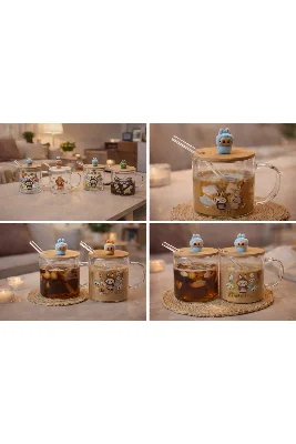 2’li Figürlü Cam Bardak Kapaklı Pipetli 400 ml Sevimli Hediye Kupa Seti