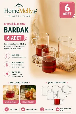 6 Adet Borosilikat Isıya Dayanıklı Kupa Cam Bardak 6 Adet