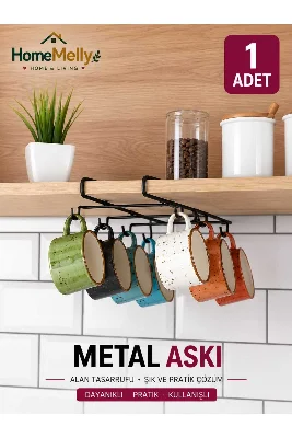 Delmeden Montaj 6 Kancalı Dolap Altı Bardak ve Kupa Askılığı – Siyah Metal Mutfak Rafı Organizeri
