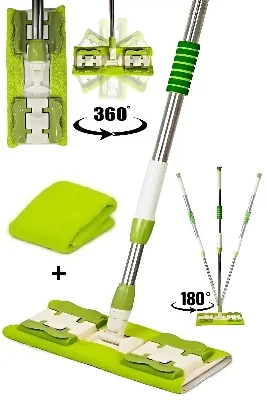 Mikrofiber Mandallı Mop, Teleskopik Saplı Set +1 Yedek Bezli Yeşil Renk