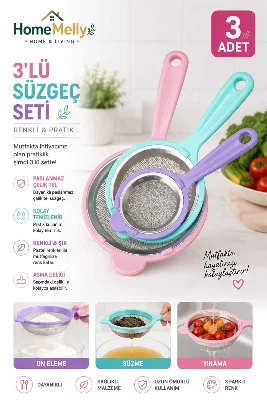 Paslanmaz Çelik 3'Lü Süzgeç Seti-Paslanmaz Tel Süzgeç