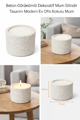 Beton Görünümlü Dekoratif Mum Modern Silindir Tasarım Çok Amaçlı Ev & Ofis Aksesuarı