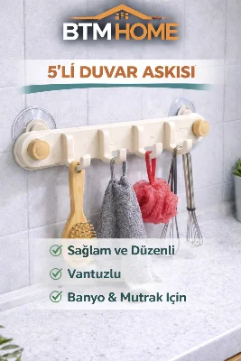 5’li Vantuzlu Duvar Askısı Çok Amaçlı Askılık Banyo Mutfak Havlu Organizer