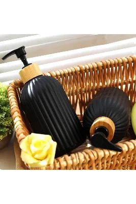 2'li Cam Bambu Başlık ve Standlı Banyo ve Mutfak Sıvı Sabunluğu